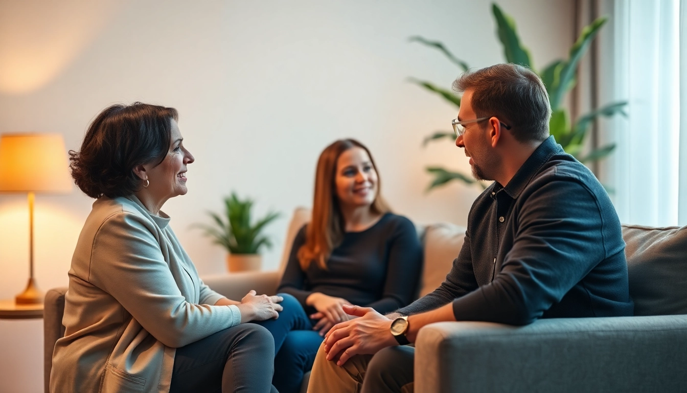 Empathetic relationship coach assisting a couple in a bright counseling room.