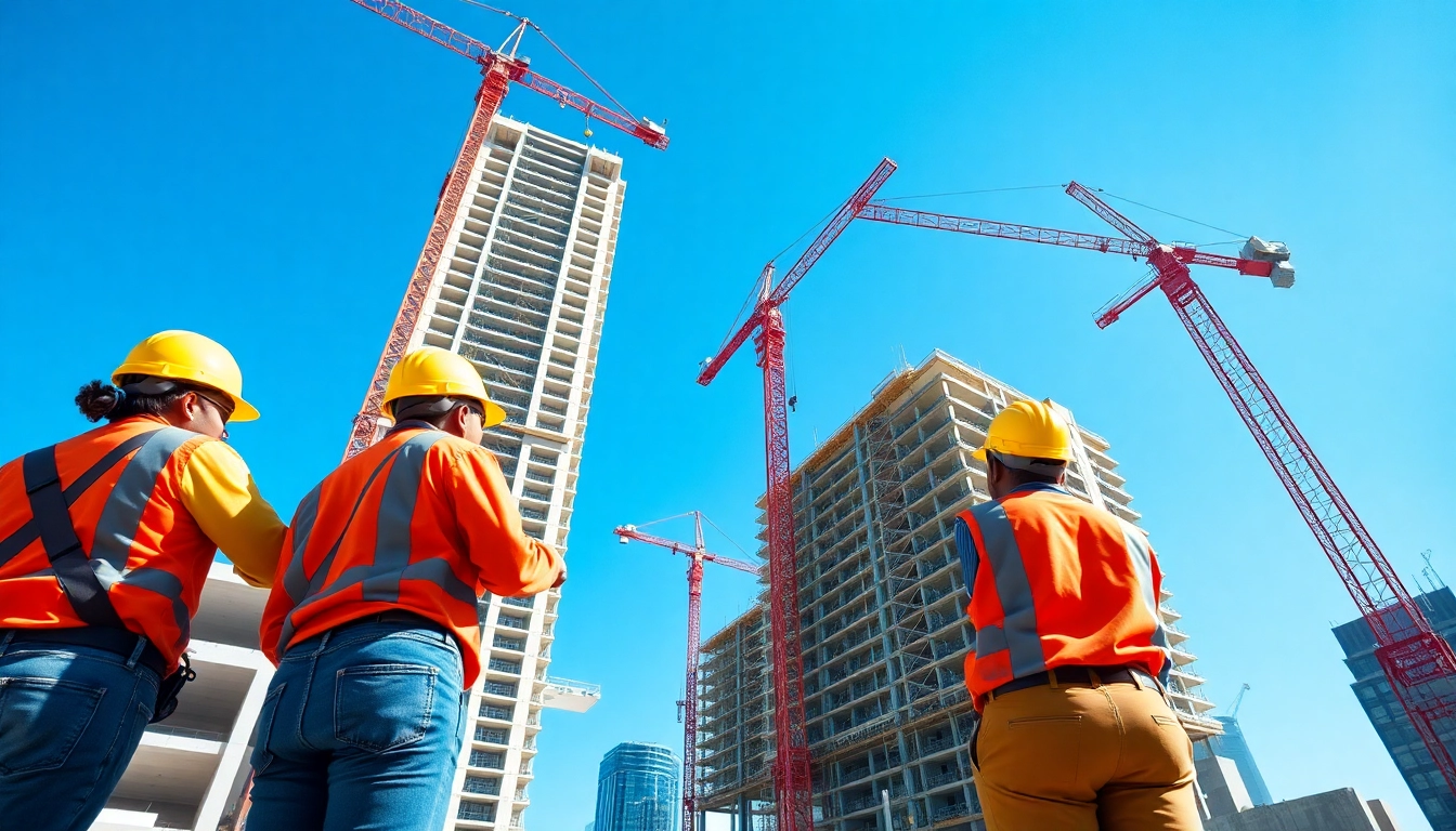 Workforce engaged in austin construction on a high-rise building site with cranes