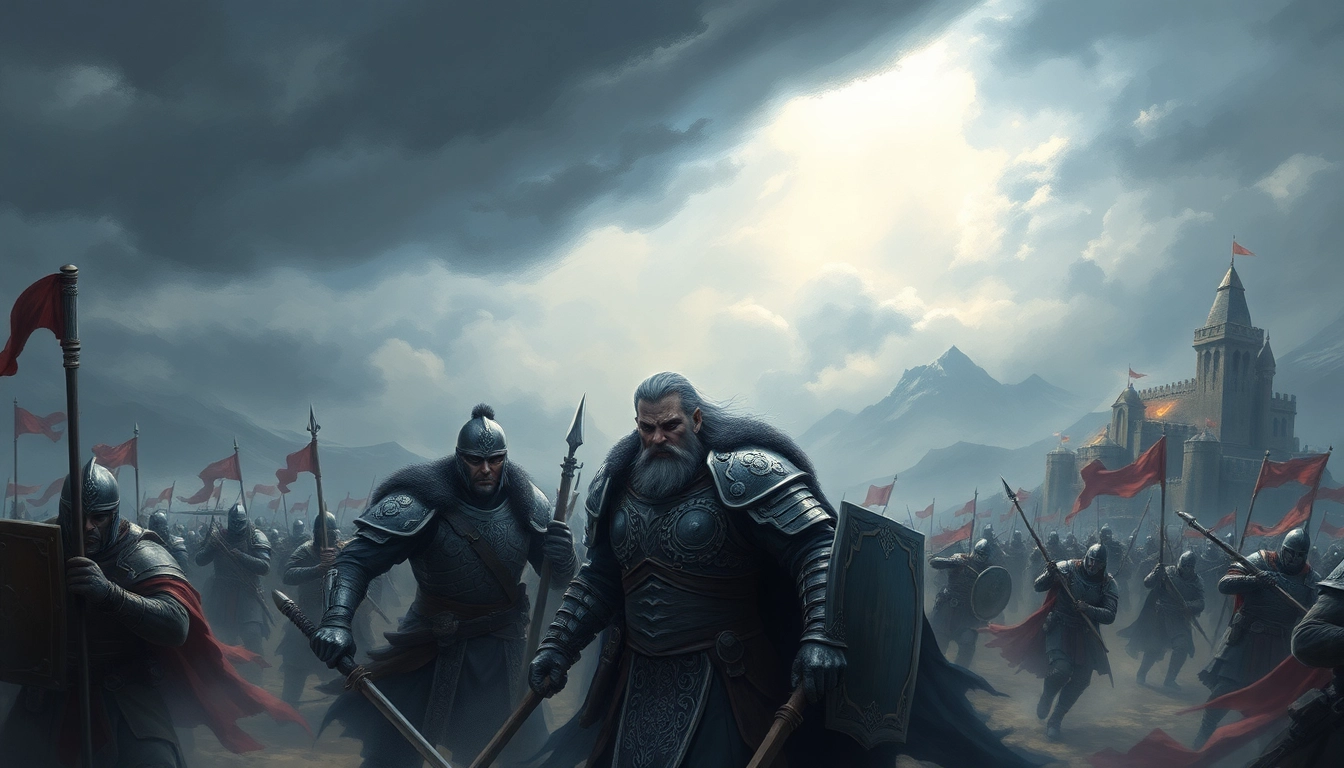 Warlords leading troops into battle in a dramatic fantasy landscape.