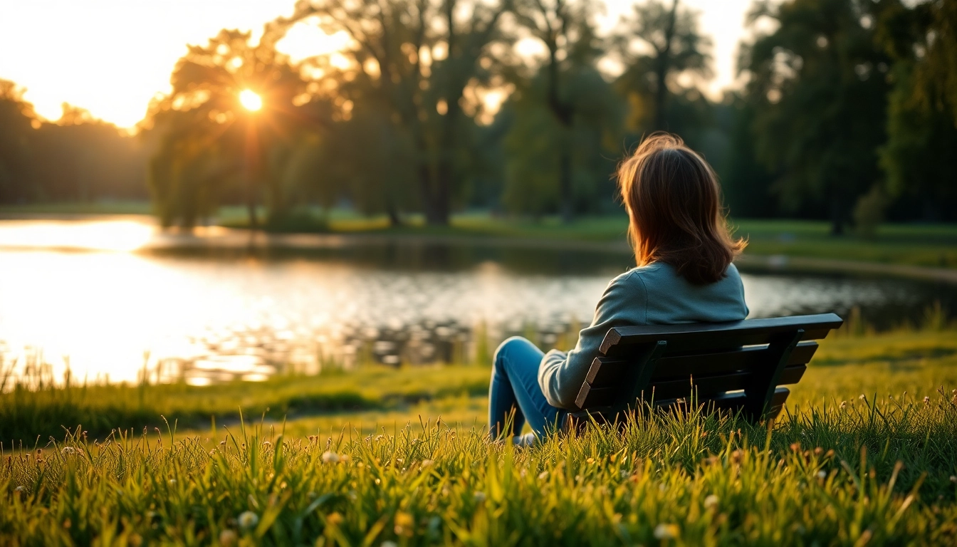 Person reflecting on dealing with grief while sitting by a tranquil lake.