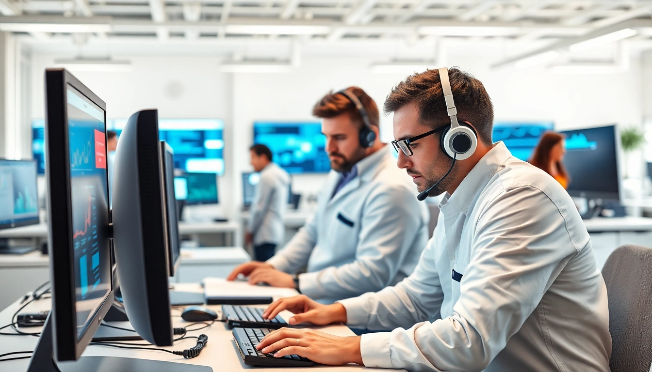 Technicians providing it support service in a modern office, showcasing teamwork and expertise.