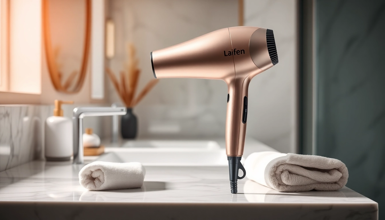 High-performance Laifen hair dryer Canada displayed elegantly in a modern bathroom setting.