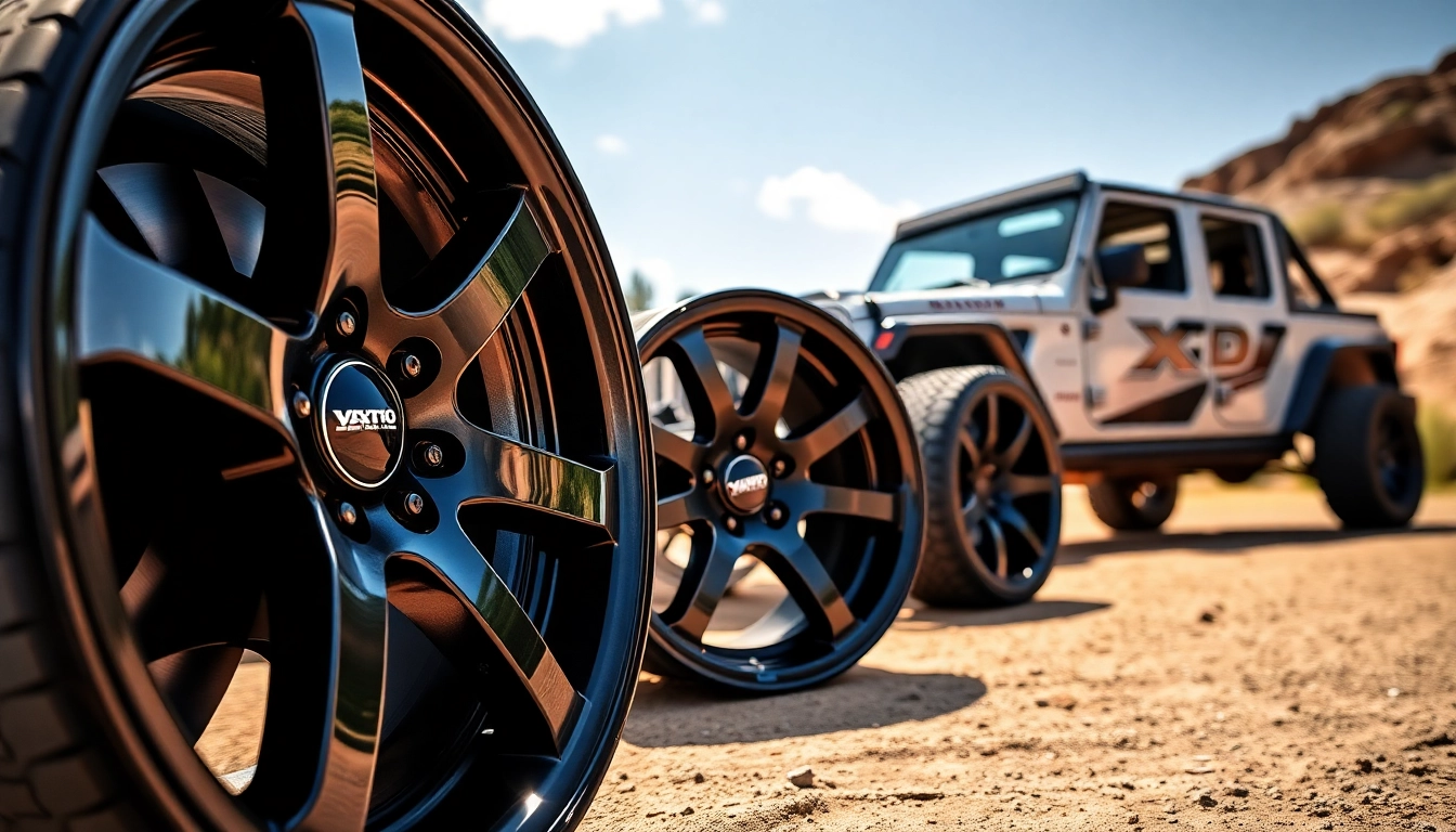 Showcasing XD wheels in a dynamic setting, highlighting their sleek design and metallic finishes.