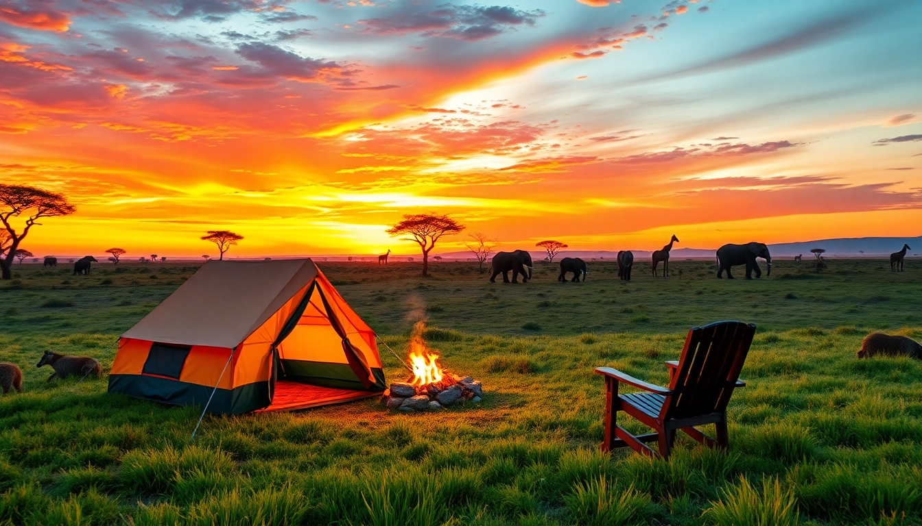 Tanzania budget camping safari scene with a cozy campsite under a spectacular sunset.