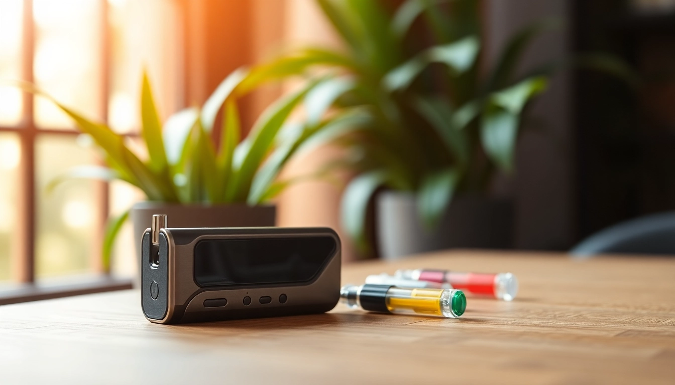 Showcasing a stylish 510 thread battery next to colorful vape cartridges on a wooden table.
