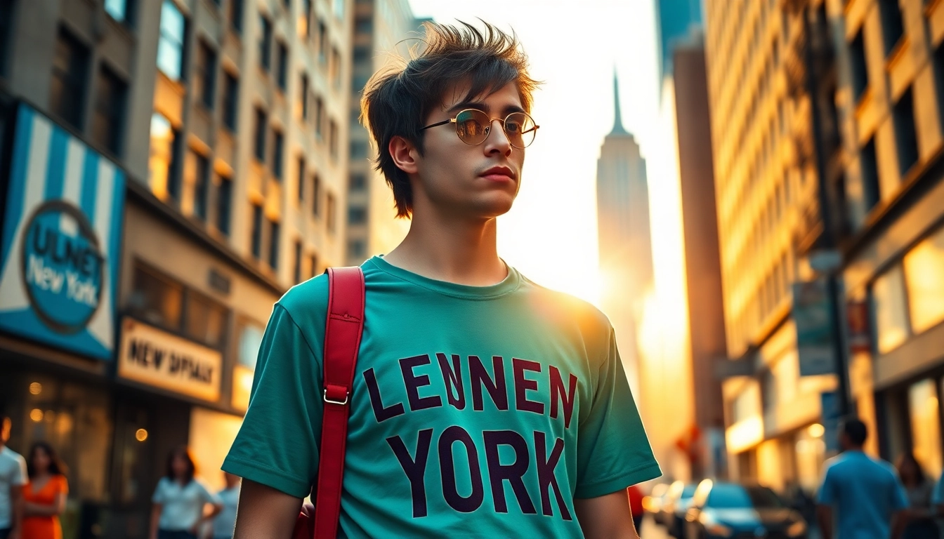 A person showcasing a stylish john lennon new york shirt in vibrant New York City surroundings.
