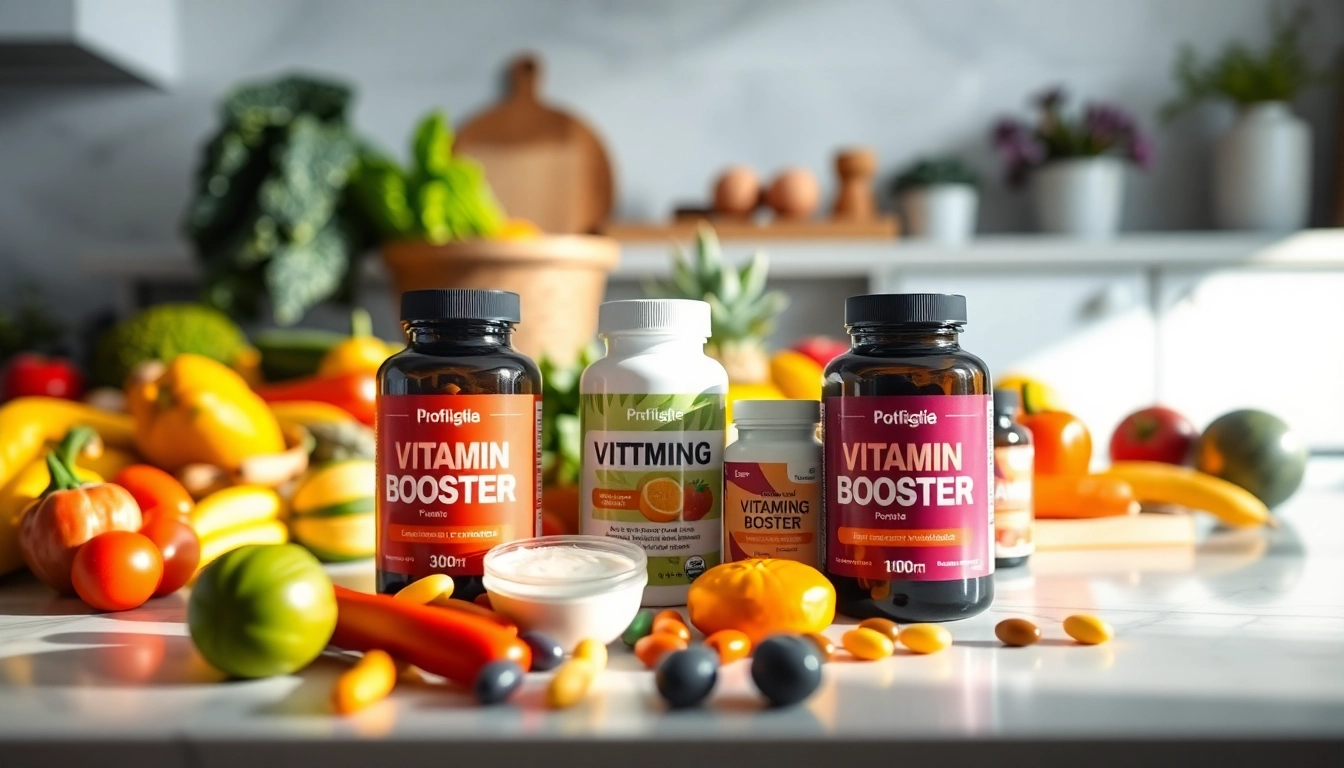 Engaging vitamin boosters positioned attractively amidst fruits and vegetables, emphasizing health.
