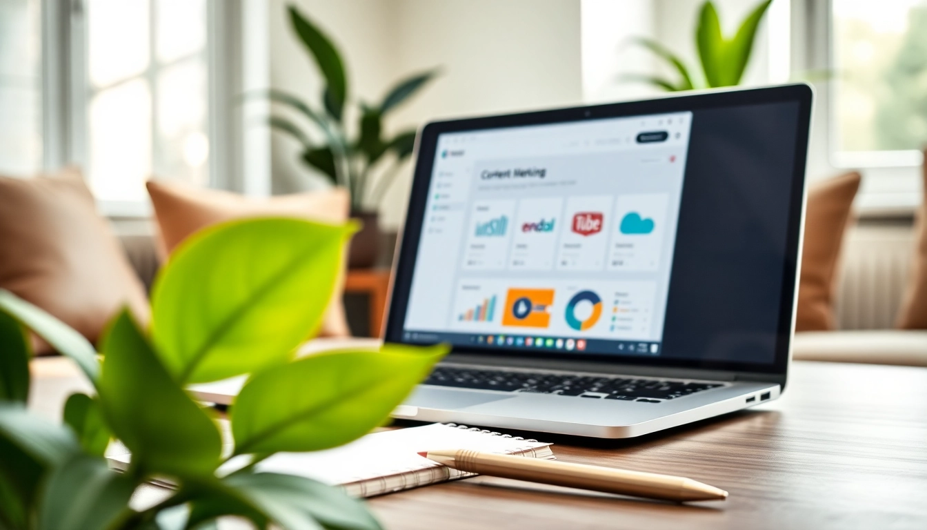 Showcasing an AI content marketing platform on a laptop, enhancing productivity in a modern workspace.