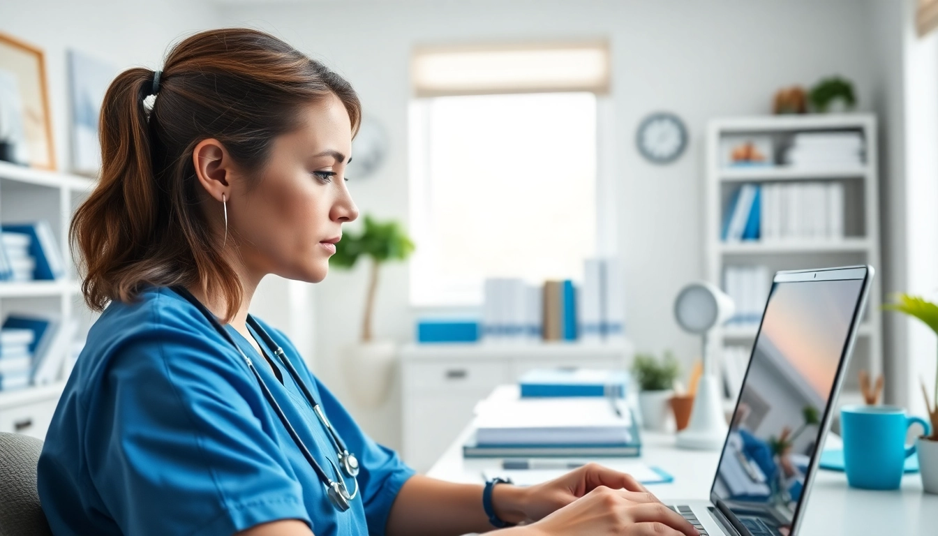 Nursing Continuing Education professional nurse accessing online courses in a modern workspace.