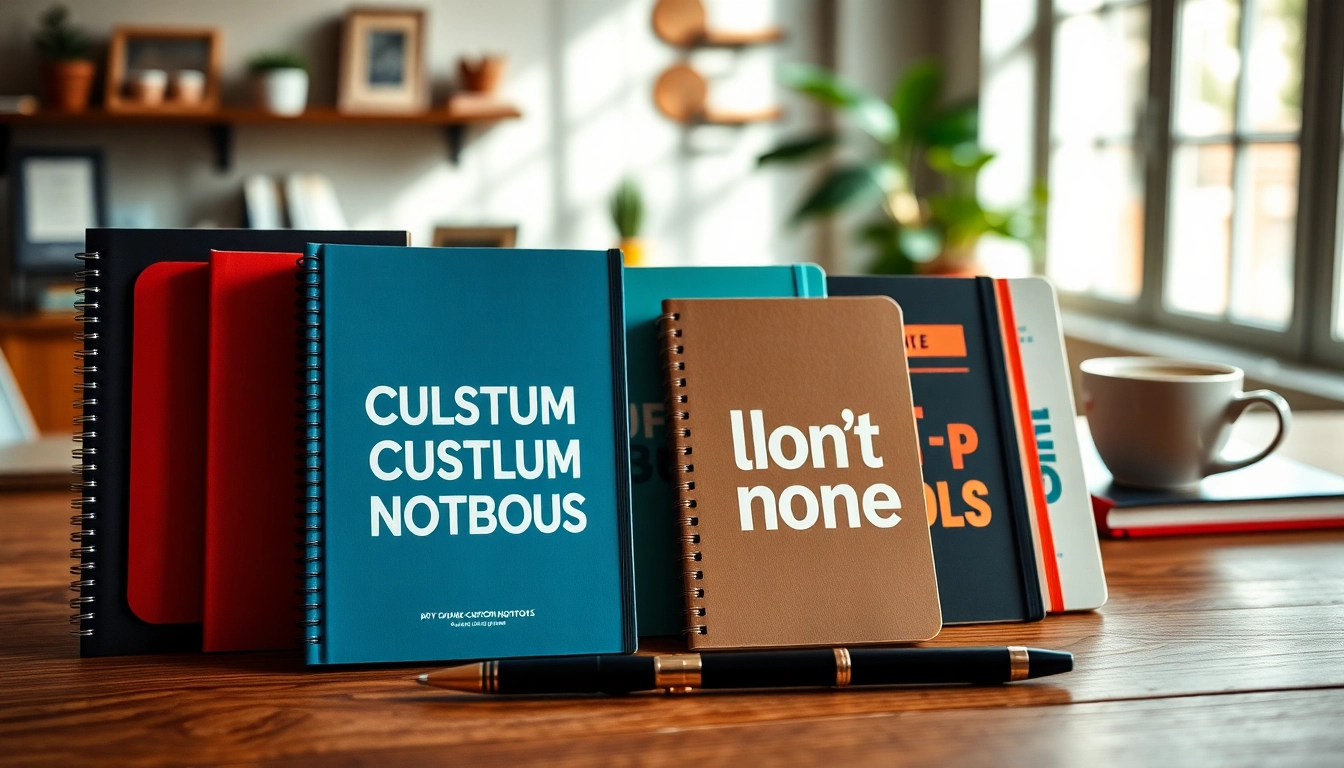Showcase unique custom notebooks with vibrant designs on a stylish desk.