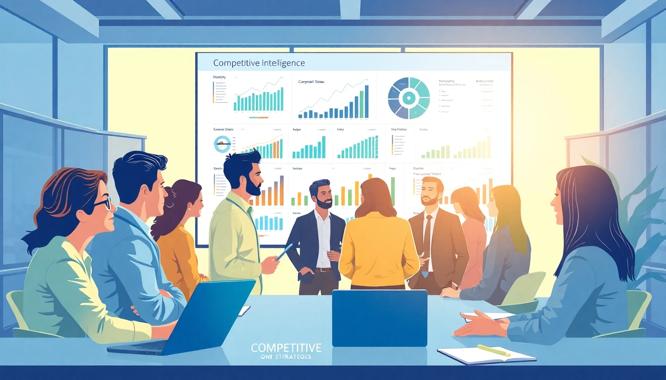 Analyze competitive intelligence strategies with a diverse team in a modern office.
