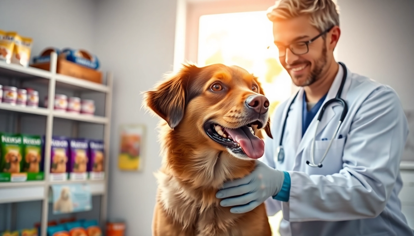 Highlighting dr marty pet food canada, a veterinarian engages with a happy dog in a bright clinic.