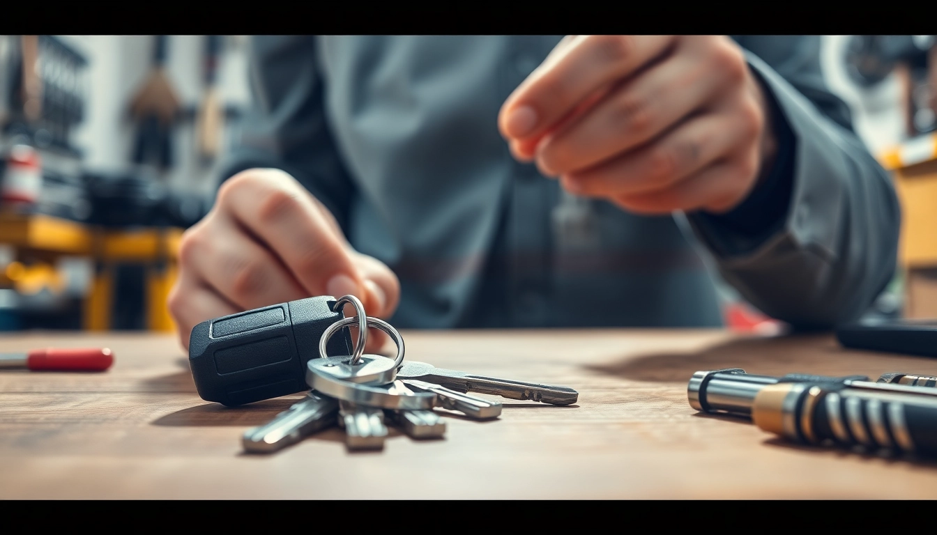 Locksmith evaluates Lost Car Keys on a table with essential tools in focus.