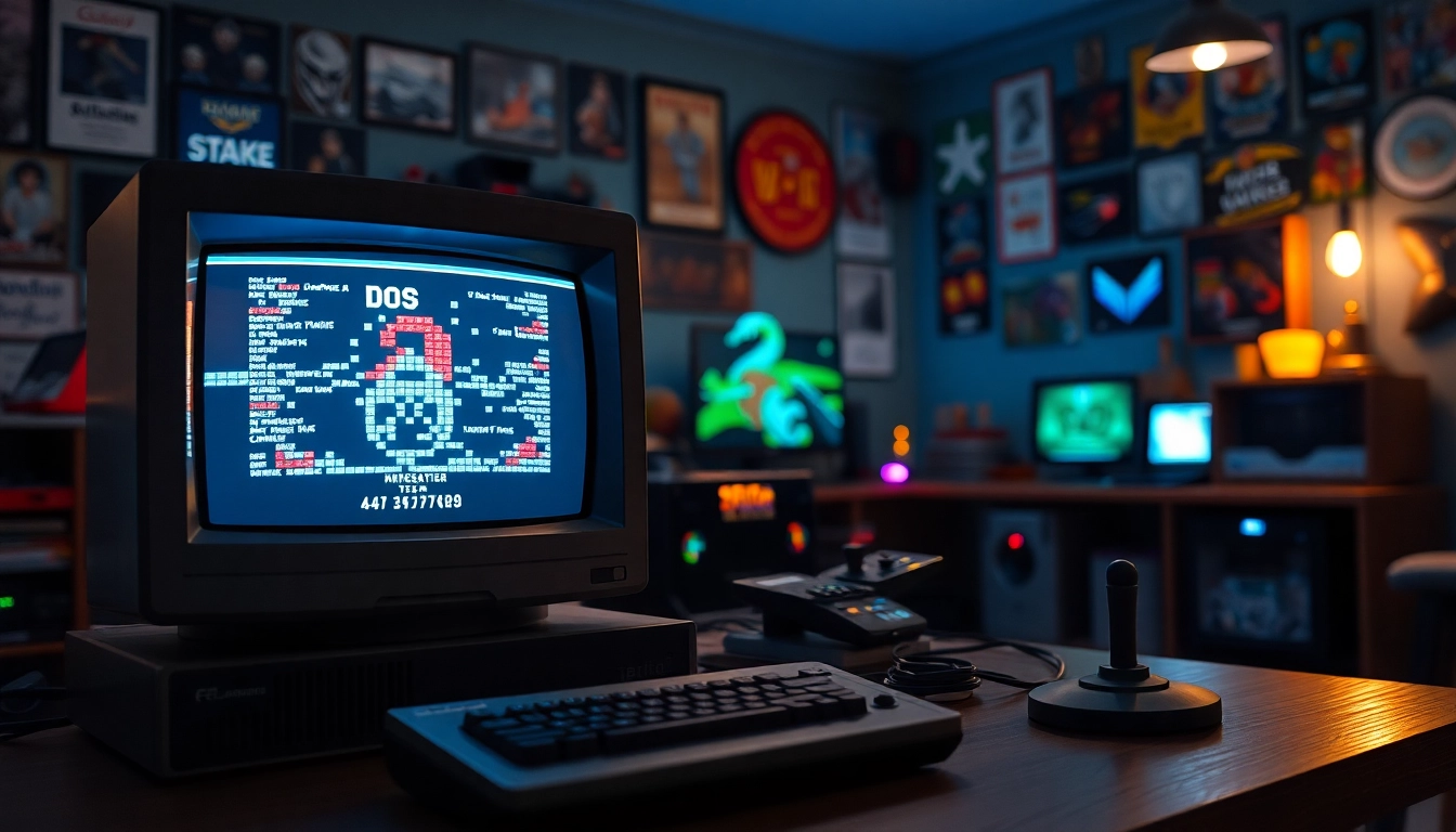 Engaging scene of retro DOS games download on a vintage computer setup.