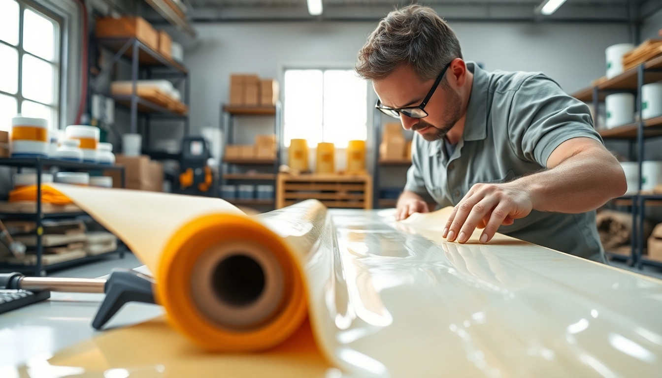 Applying laminating resin during fiberglass layup in a well-equipped workshop.