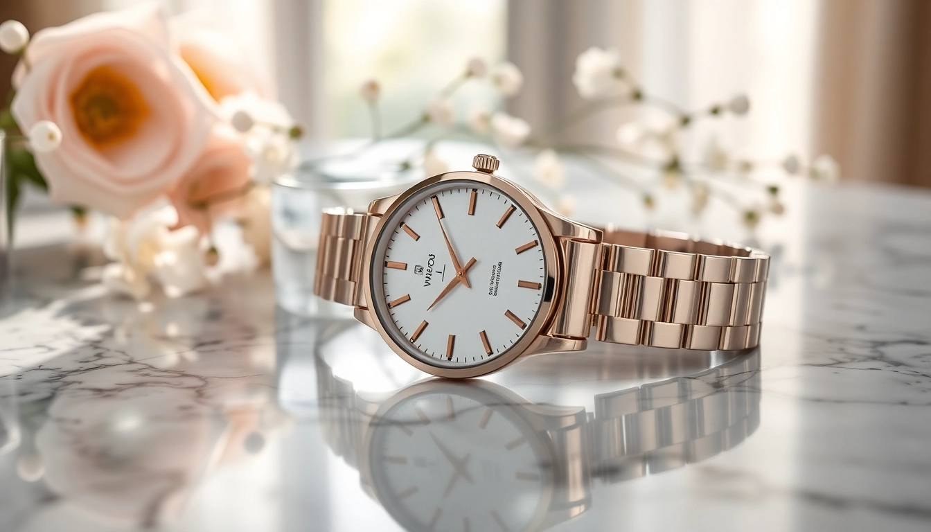 Damen Armbanduhr auf einem Marmoruntergrund mit elegantem Design und feinen Details präsentieren