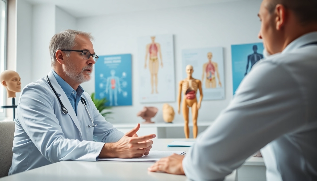 Discussing Testosterone Replacement Therapy benefits with a professional doctor in a modern clinic setting.