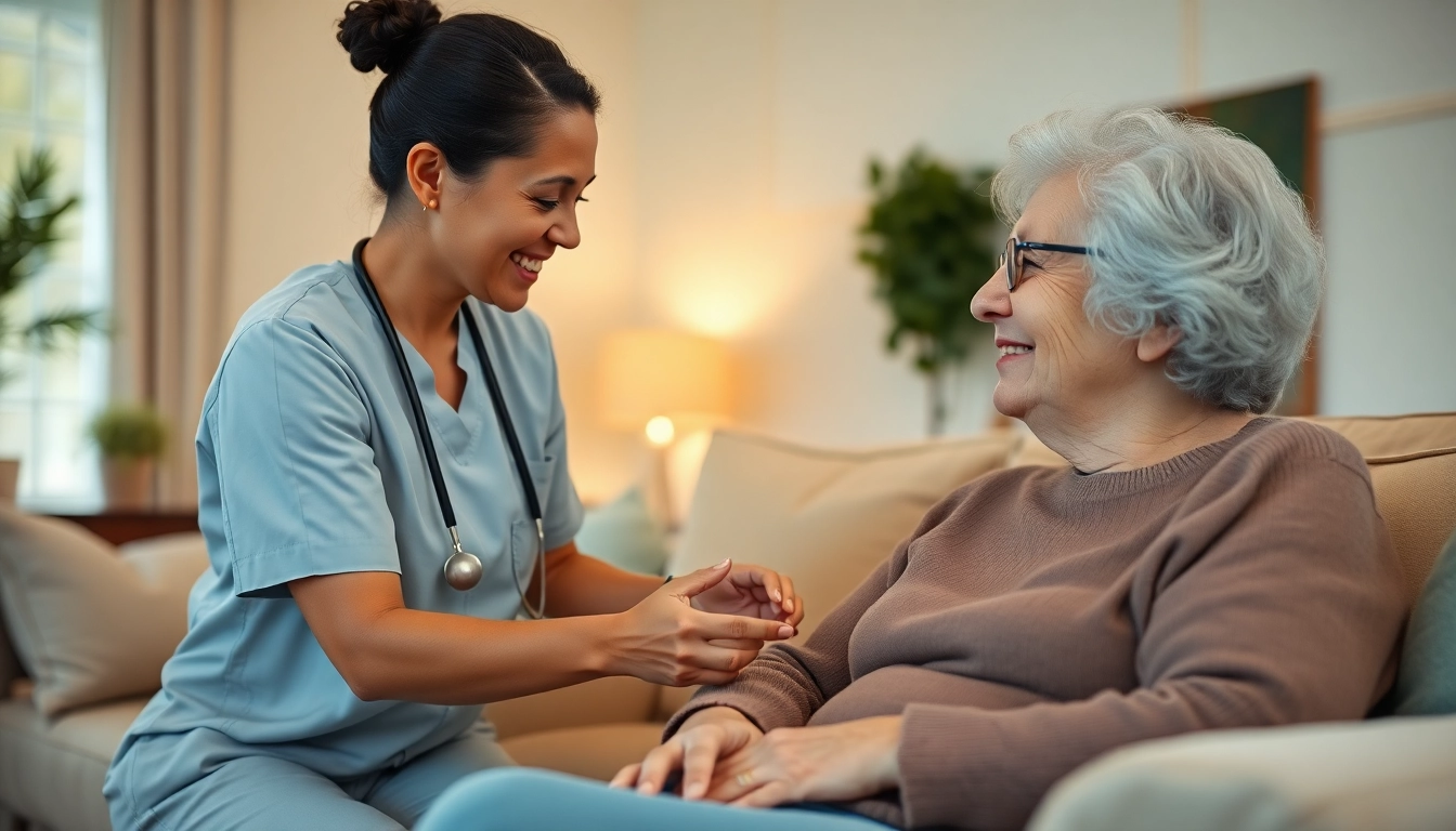 Engaged senior care provider assisting elderly client at home in Austin, TX.
