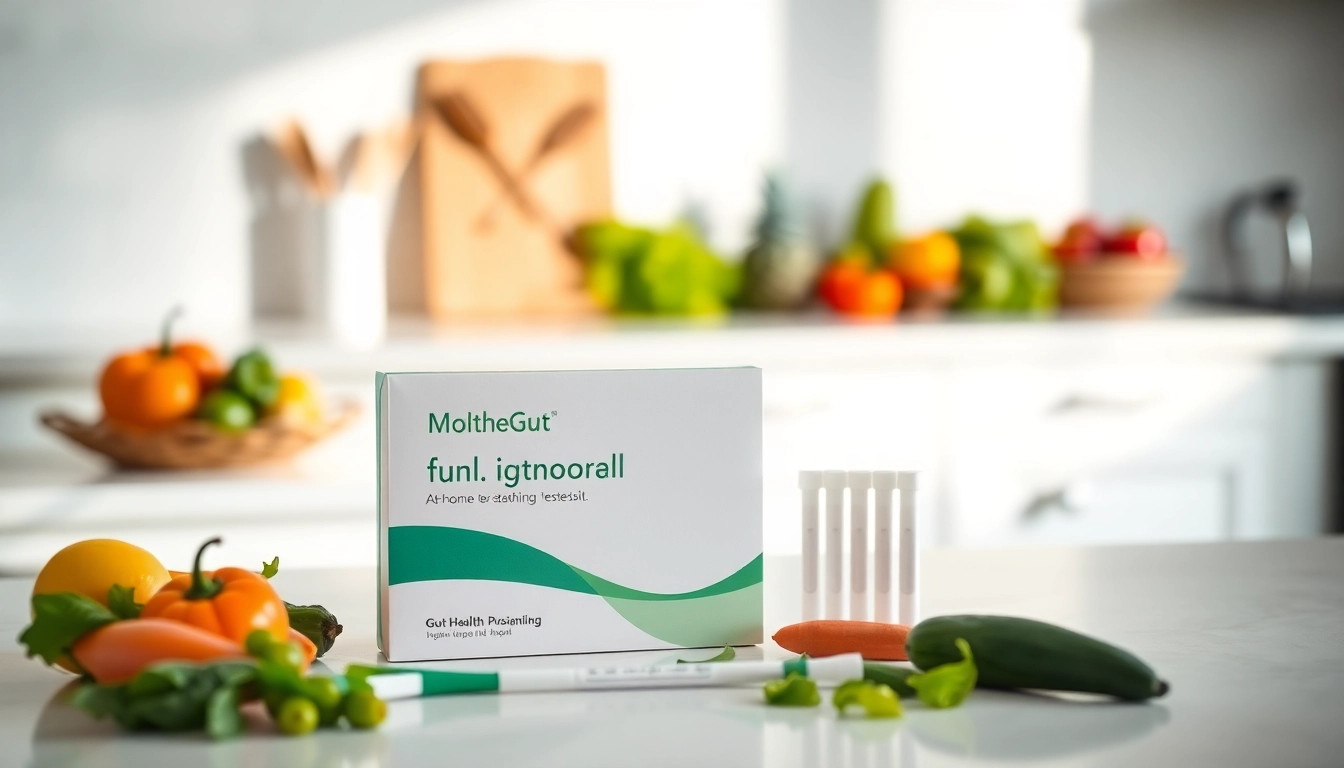 Performing an At-Home Gut Health Test with a detailed testing kit on a kitchen counter.