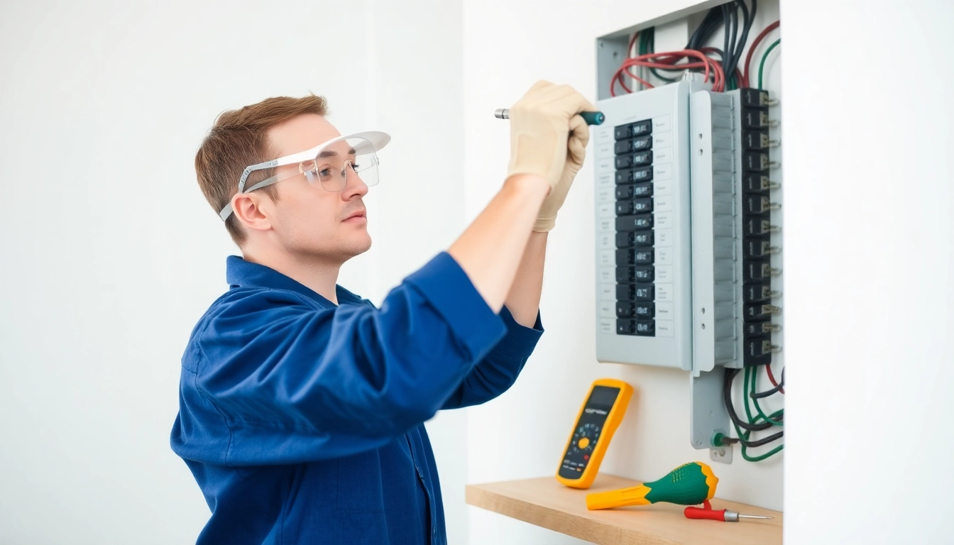 Electrician providing essential Electrical Service repair work on a circuit breaker panel.