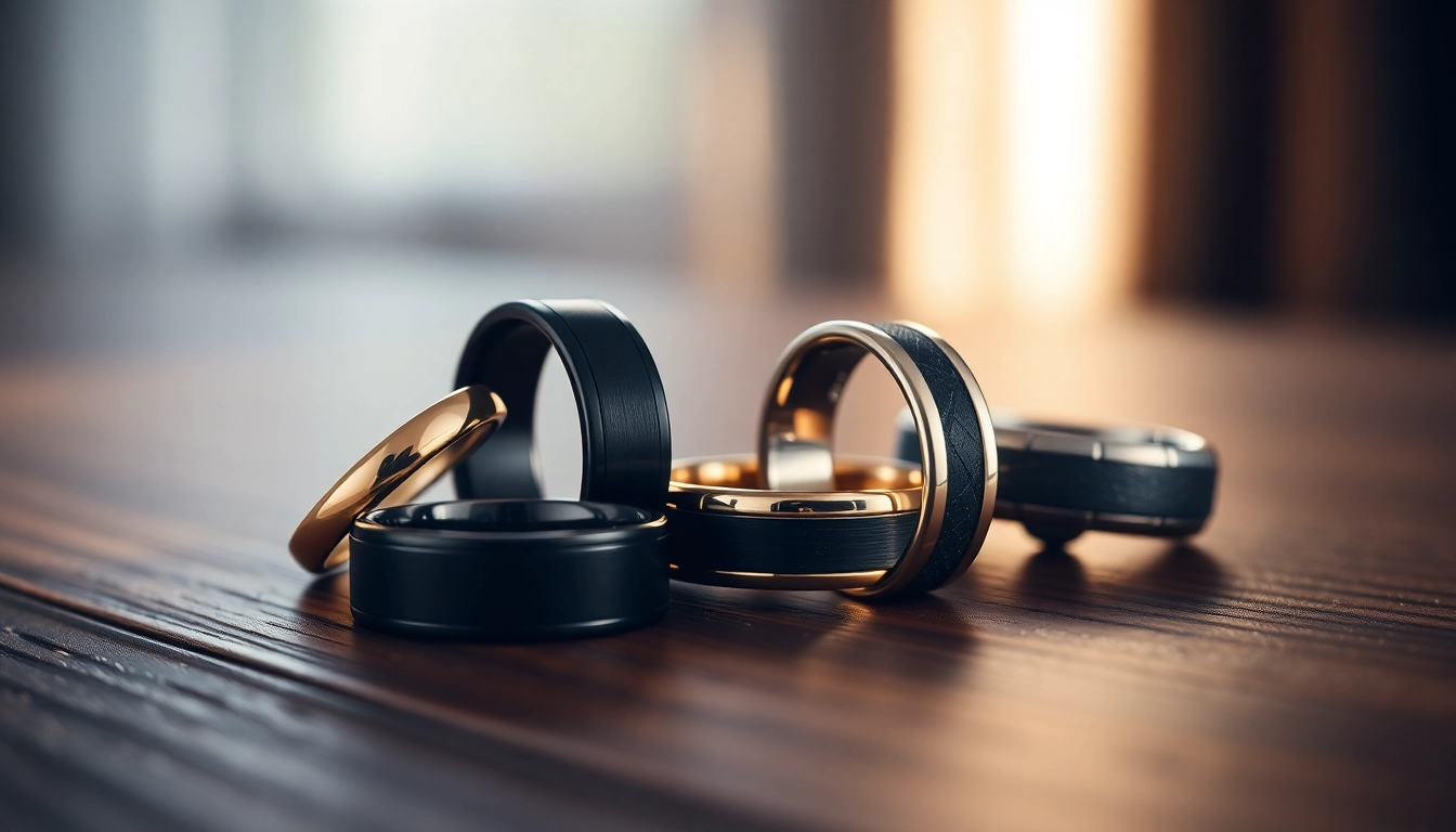 Showcase of men's wedding rings featuring various materials and styles on a dark wooden surface.