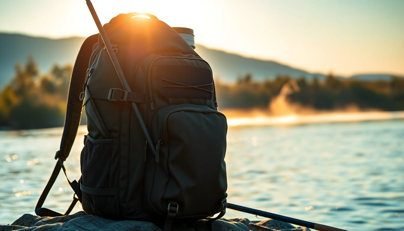 Angler preparing a fly fishing backpack next to a serene river, showcasing its features.