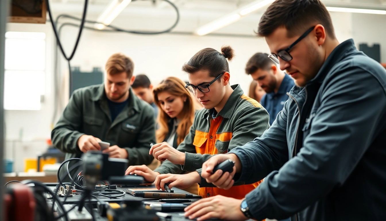 Students practicing skills at a trade school in Tennessee in a vibrant training environment.