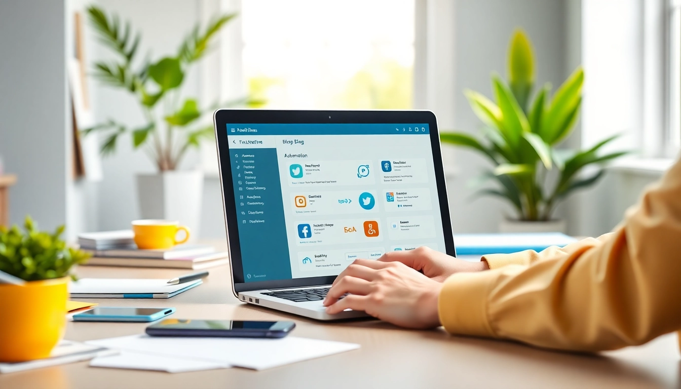 Engaging scene showcasing social media and blog automation processes in action, with focus on a streamlined digital workspace.