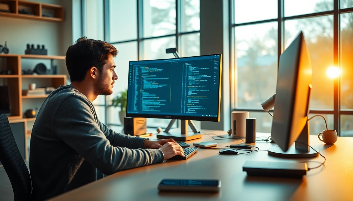 Enhance your web development skills with a focused developer in a bright workspace, coding and designing.