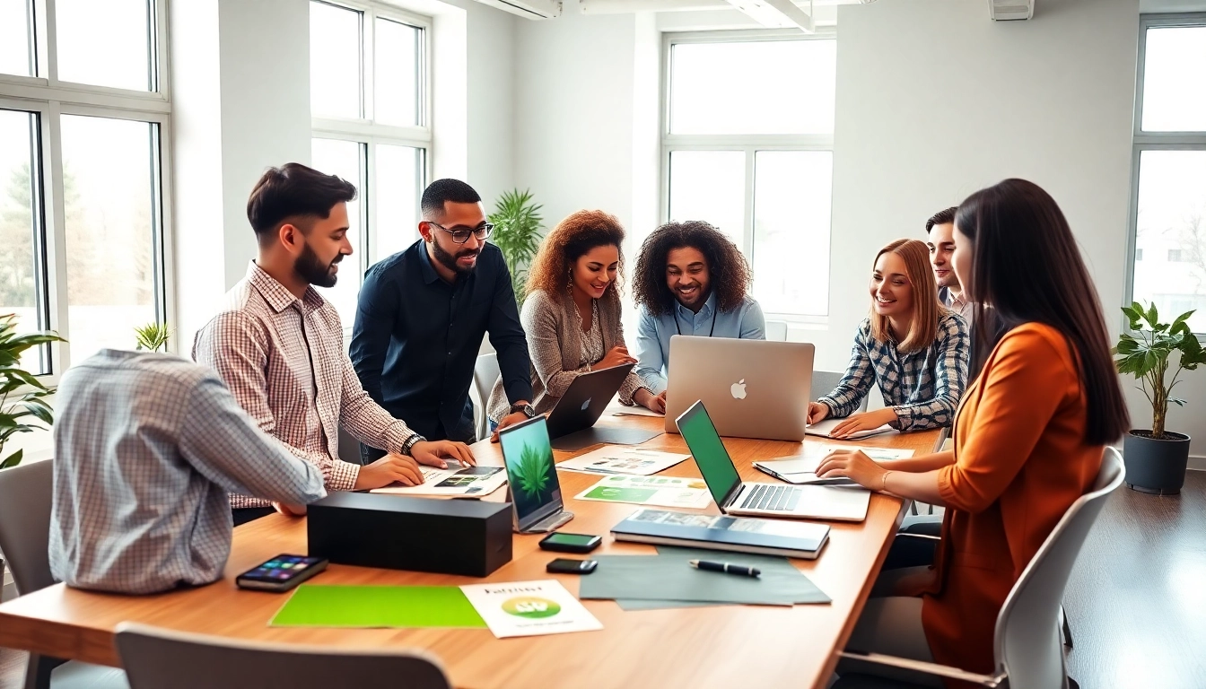 Cannabis marketing agency team collaborating in a modern office environment