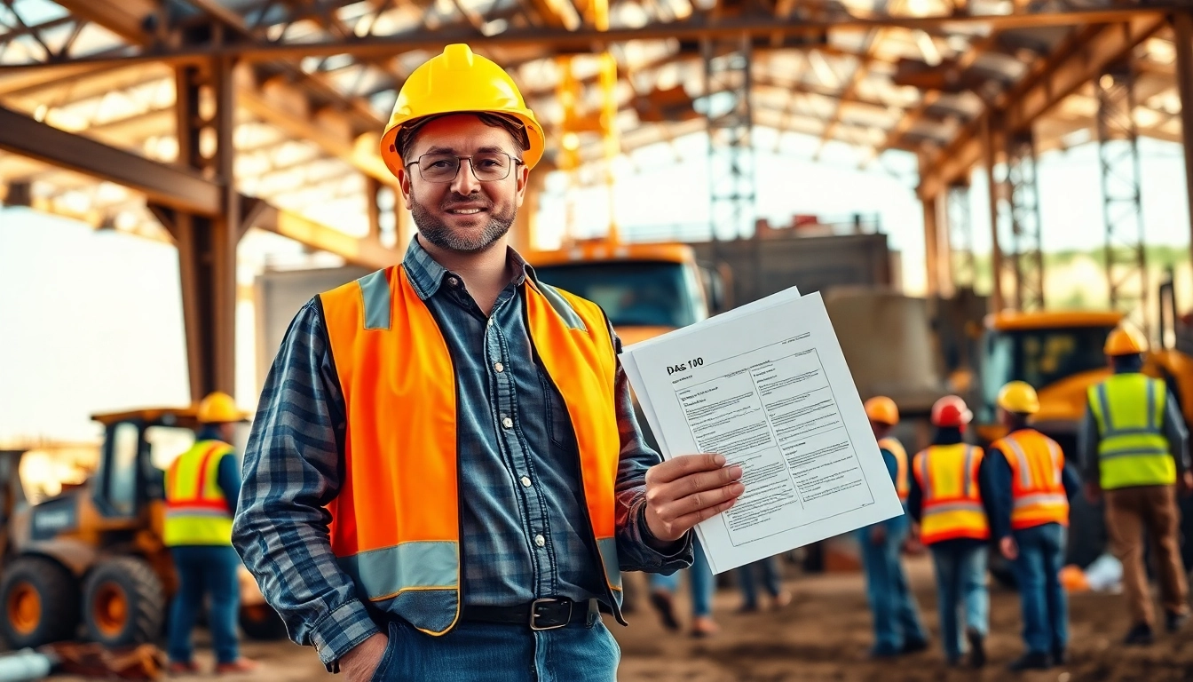 Contractor reviewing das 140 form amidst construction activity on a job site.