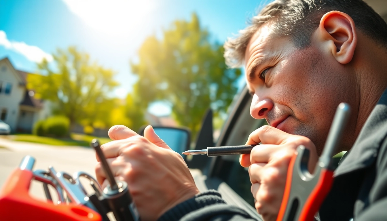 Locksmith working on a vehicle with keys locked in car using specialized tools.