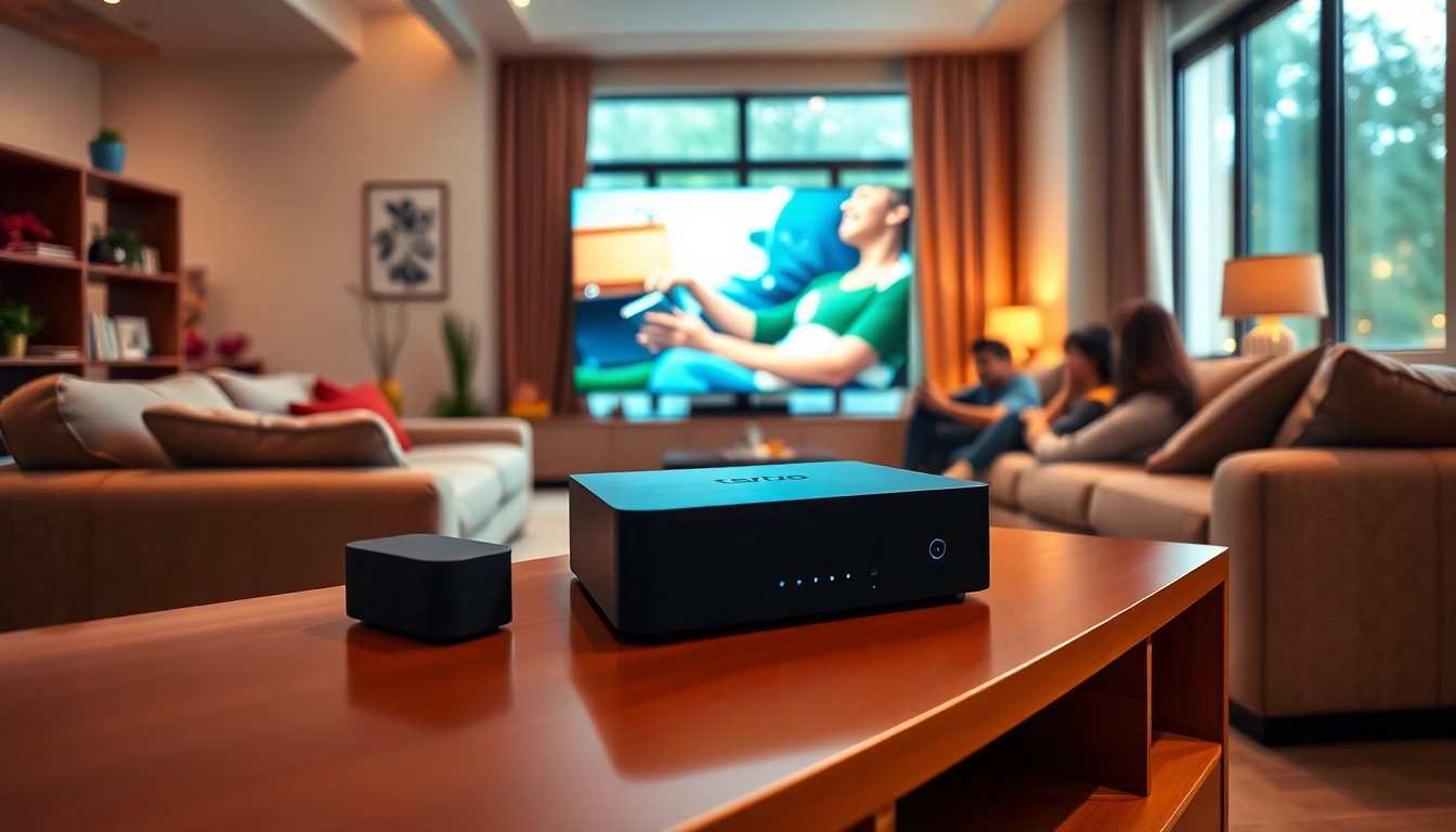 A cozy living room with a superbox tv box on an entertainment center, showcasing a vibrant setup.