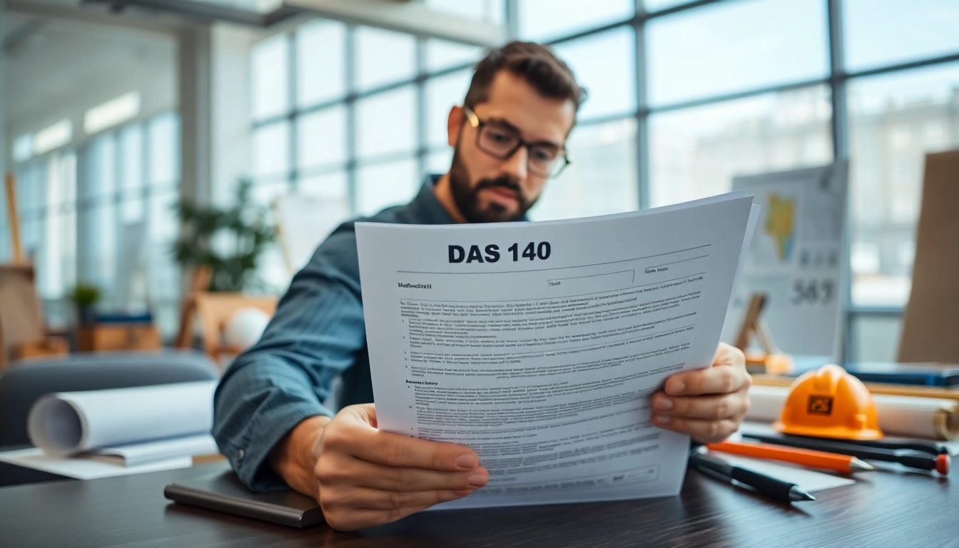 Contractor filling out a DAS 140 form in a bright, organized workspace.