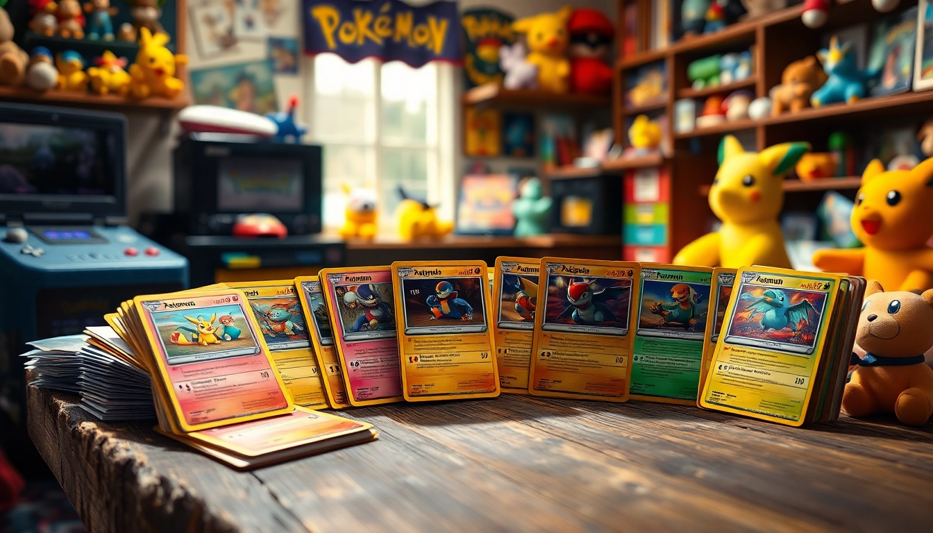 Displaying real pokemon cards in a vibrant collection on a rustic table, inviting enthusiasts to explore.