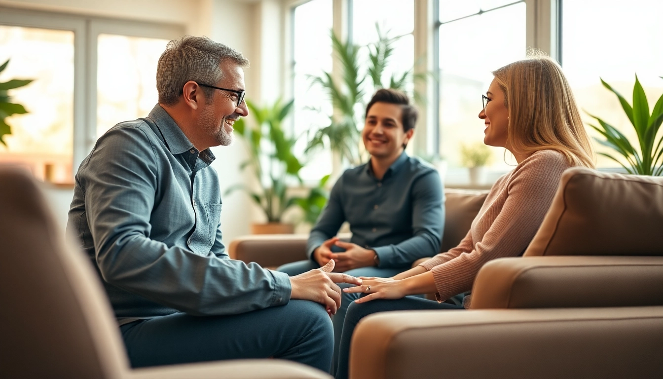 Engaging relationship coach conducting a session with a couple in a bright office setting.