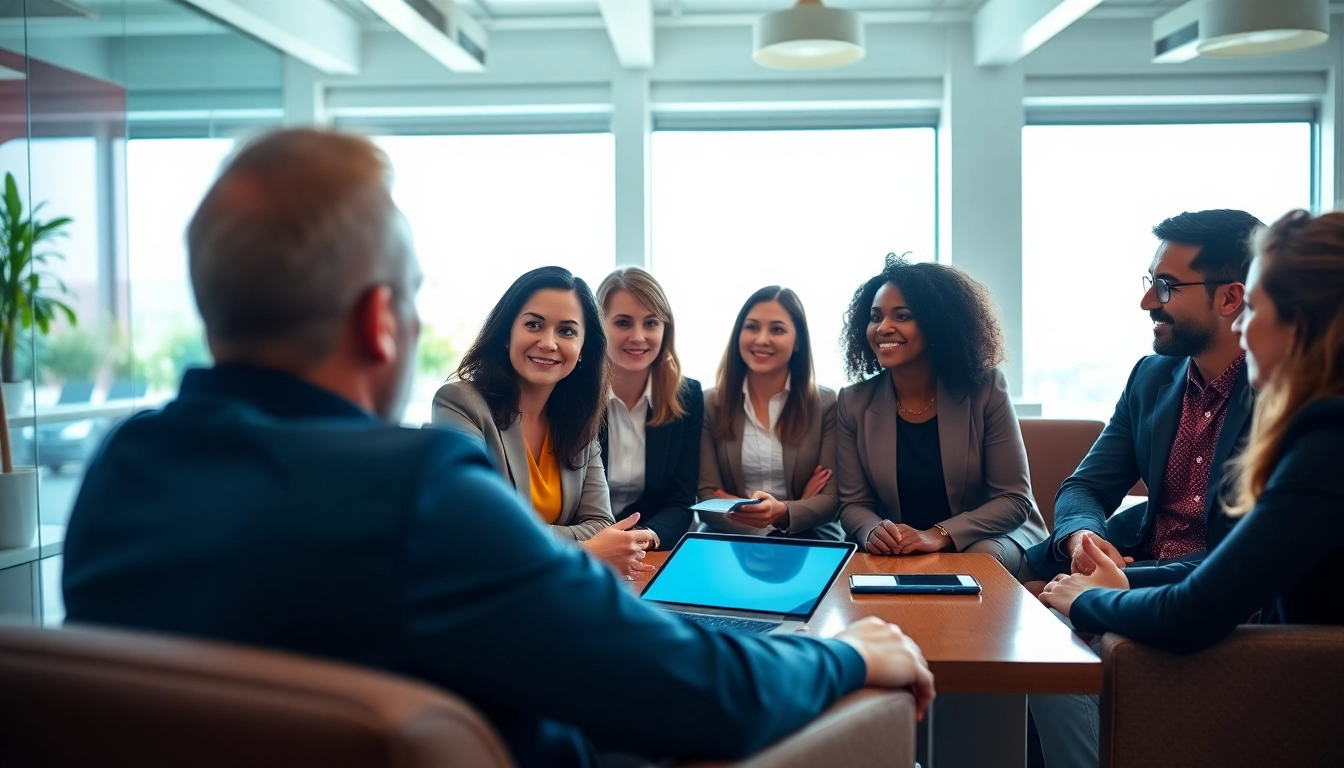 Participants engaging during a business coaching service session in a modern office.