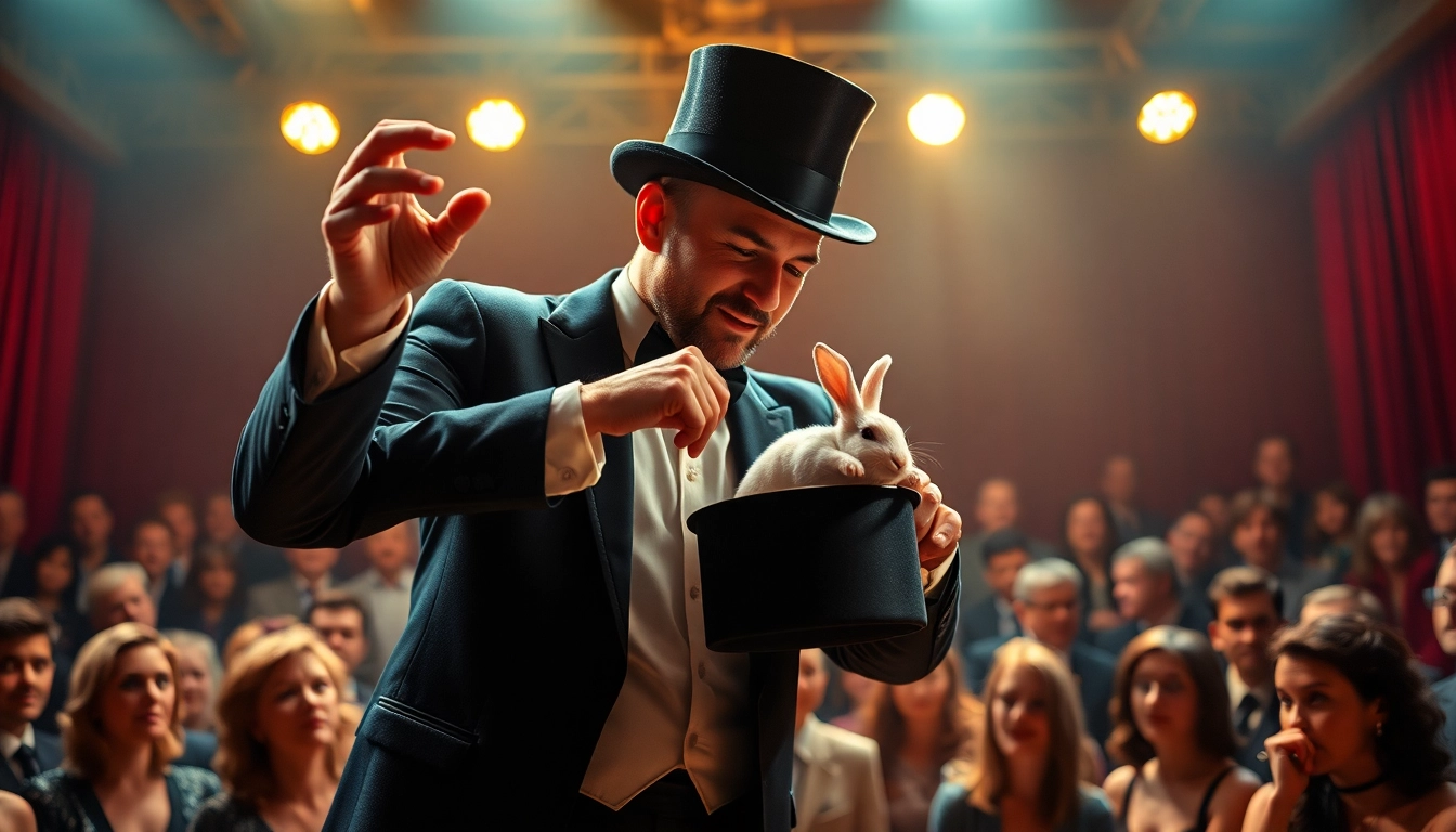 Watch an exhilarating magic show with a magician performing an enchanting trick on stage.