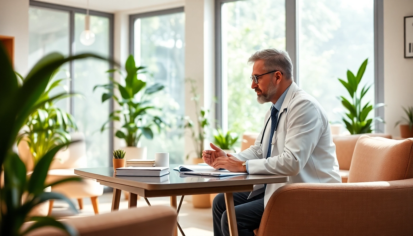 Psychiatrist providing care in a calm office environment promoting mental health.