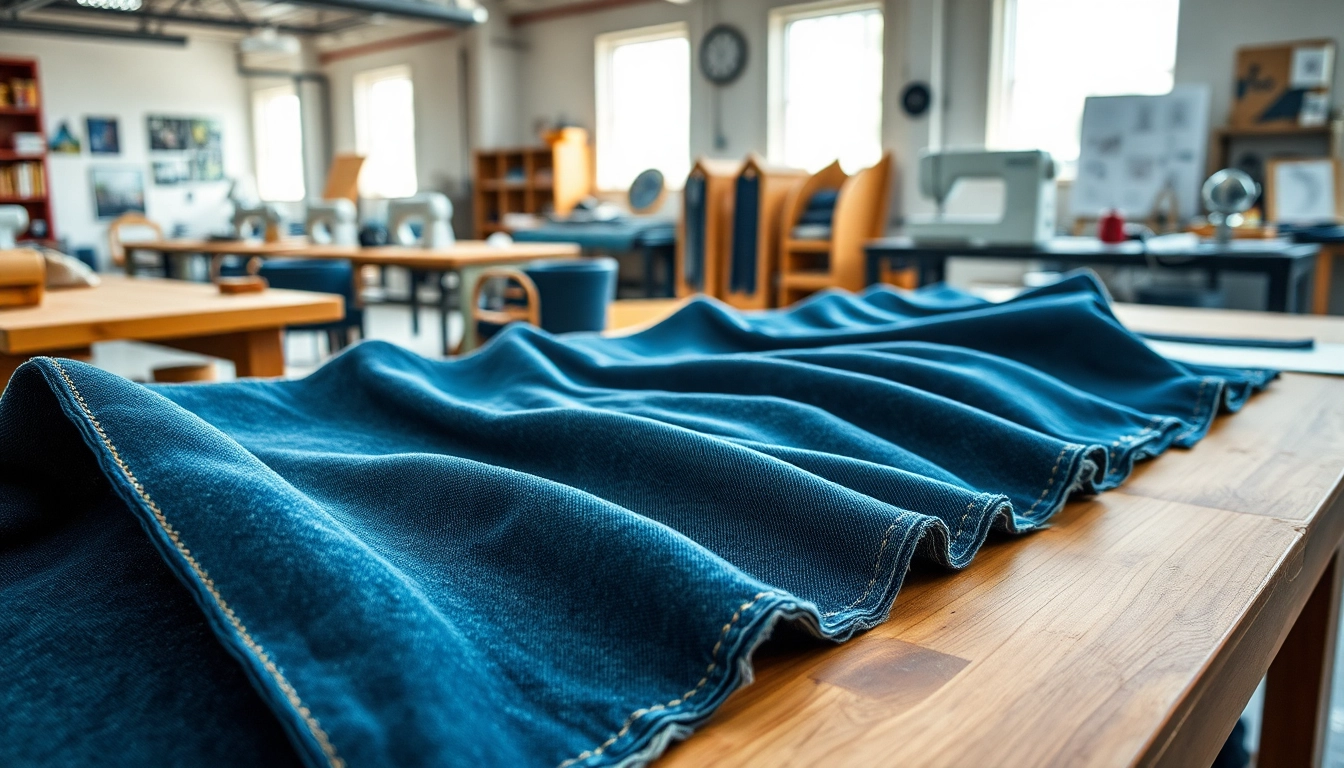 Showcasing diverse textures by jeans fabric manufacturers in a bright workshop setting.