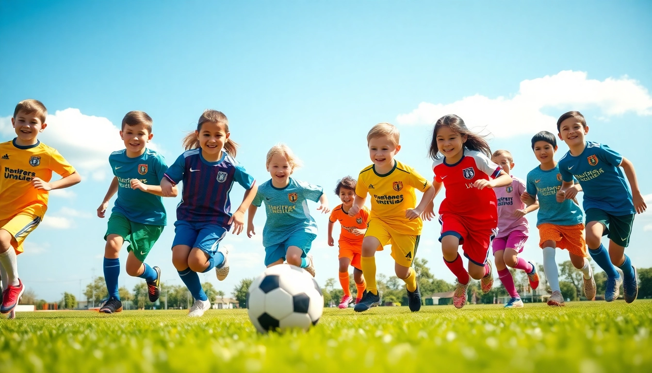 Kids Football Kits on active children playing football outdoors joyfully.