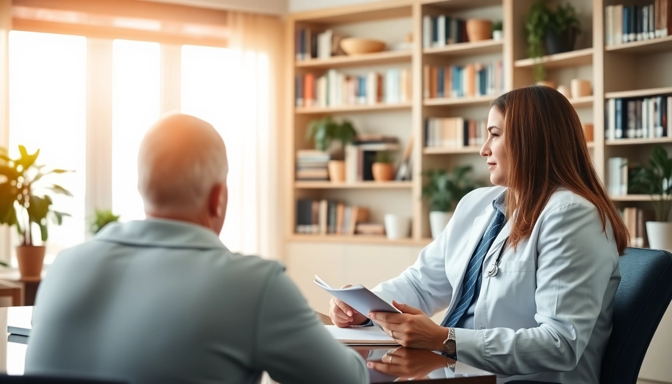 Focused psychiatrist consulting with a patient in a calm office setting, promoting mental health.