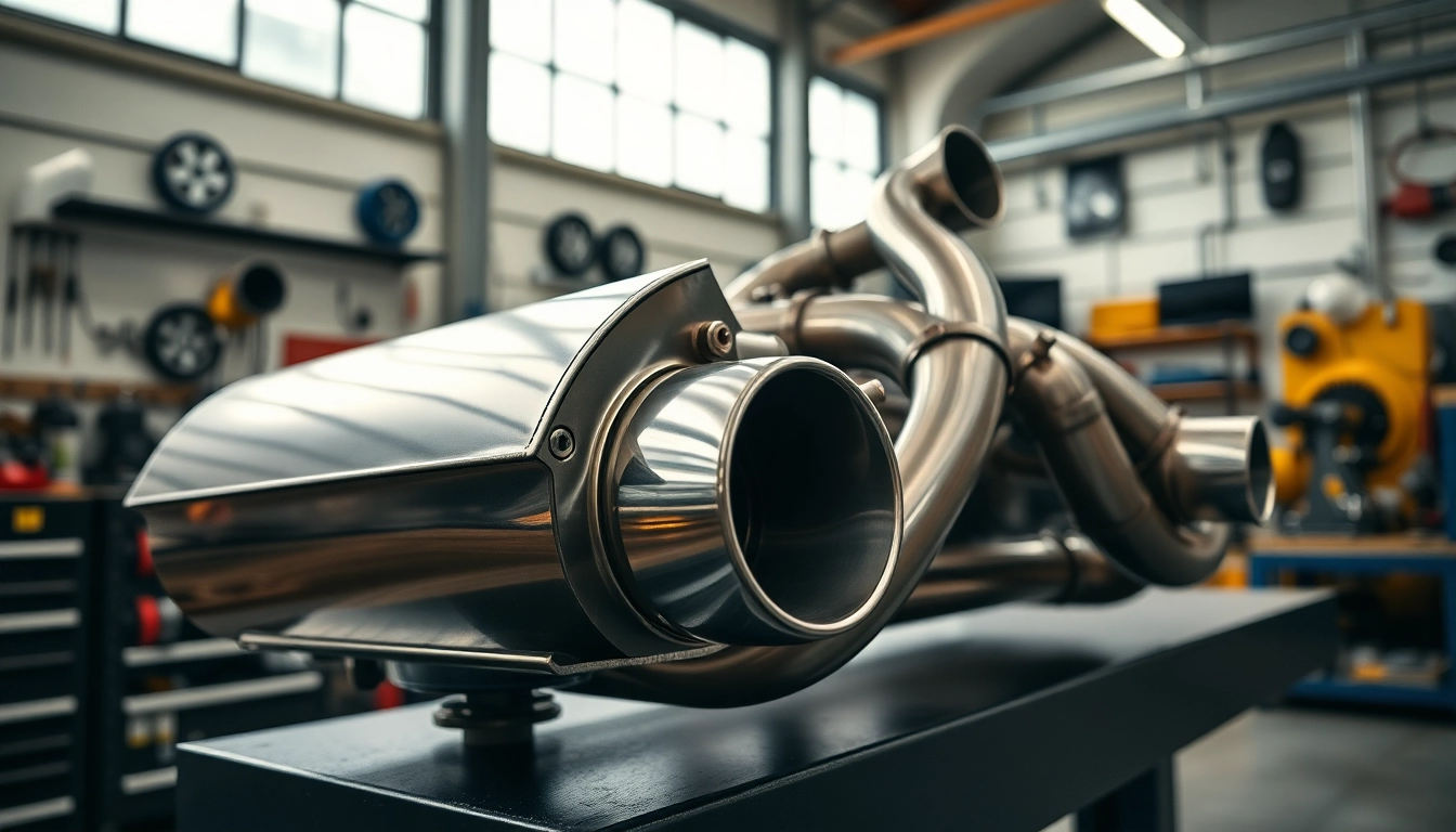 Exhaust system components showcased in a workshop highlighting their design and metallic features.
