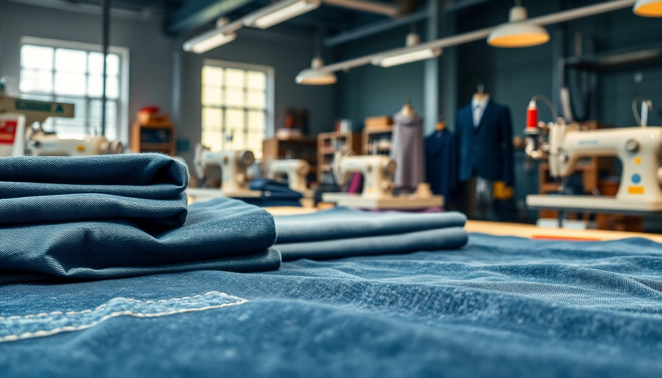 Visual representation of jeans fabric manufacturers showcasing high-quality denim materials in a textile workshop.