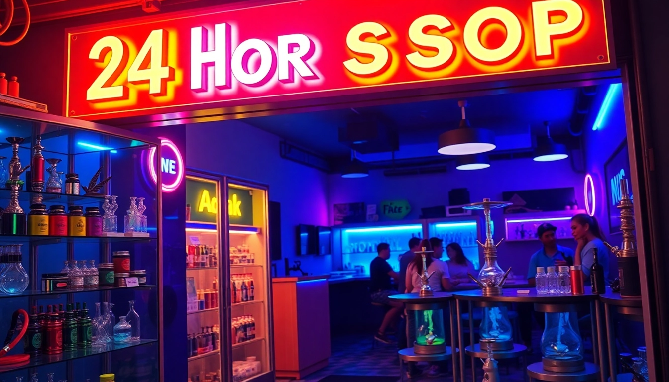 Experience the lively atmosphere of a 24 Hour Smoke Shop near me Miami with vibrant displays and nightlife ambiance.