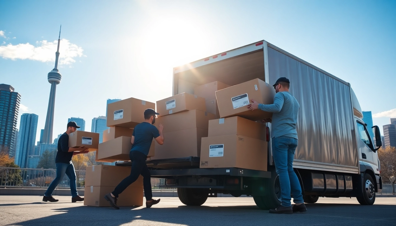 Efficient Toronto moving services showcased with professional movers loading a moving truck against the city skyline.
