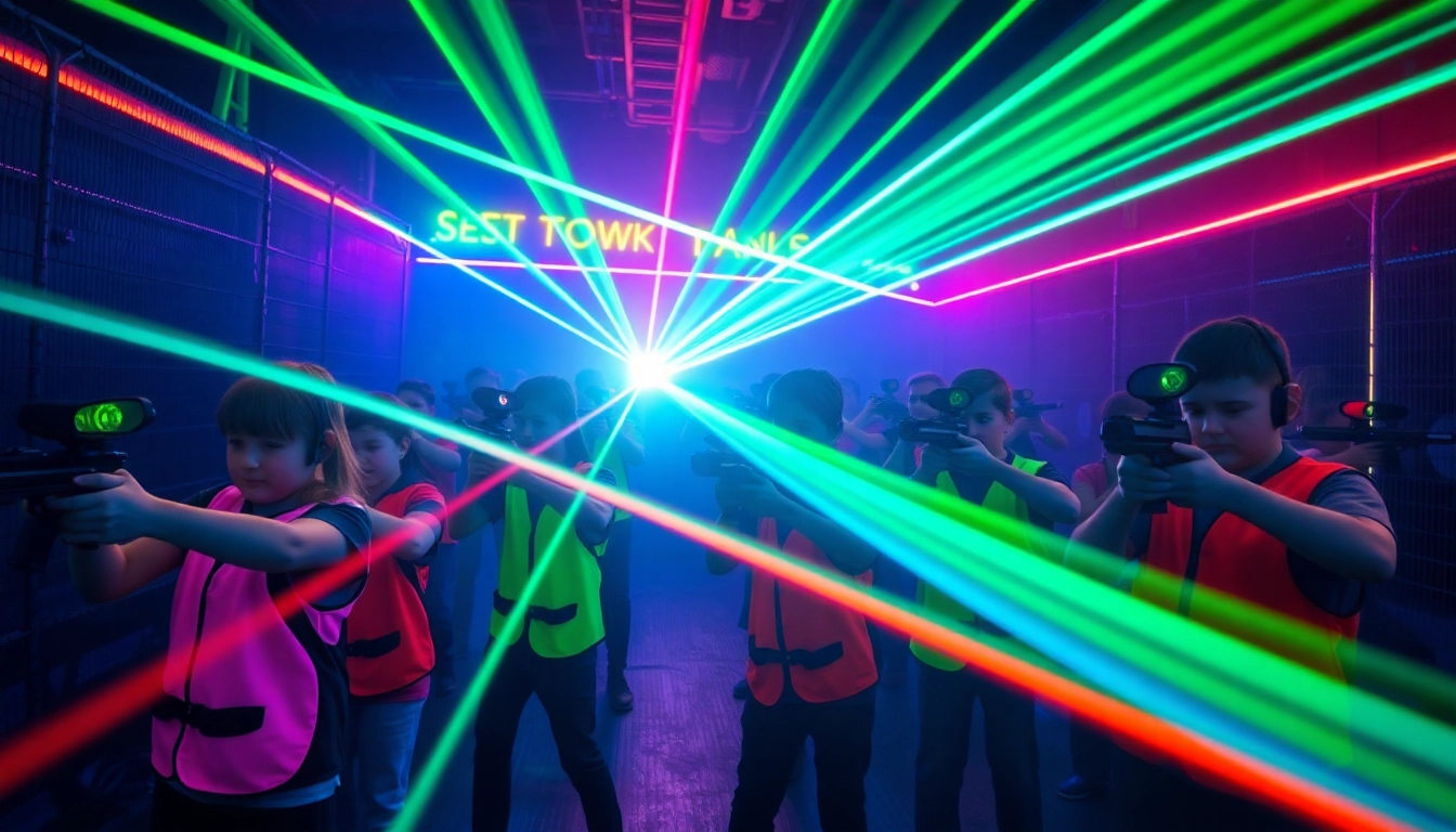 Engaged players in a laser tag arena, showcasing vibrant lighting and action.