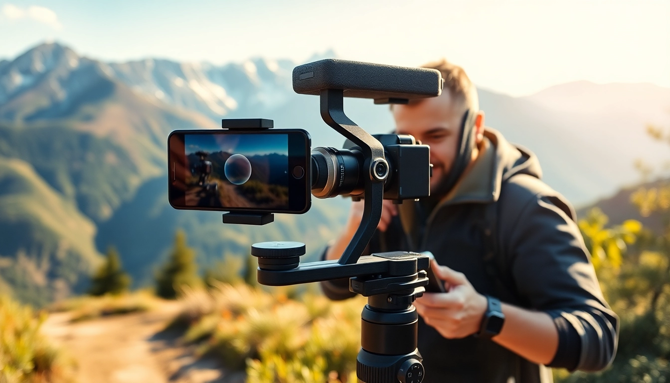 Capture stunning footage with a gimble in a vibrant outdoor setting featuring mountains.