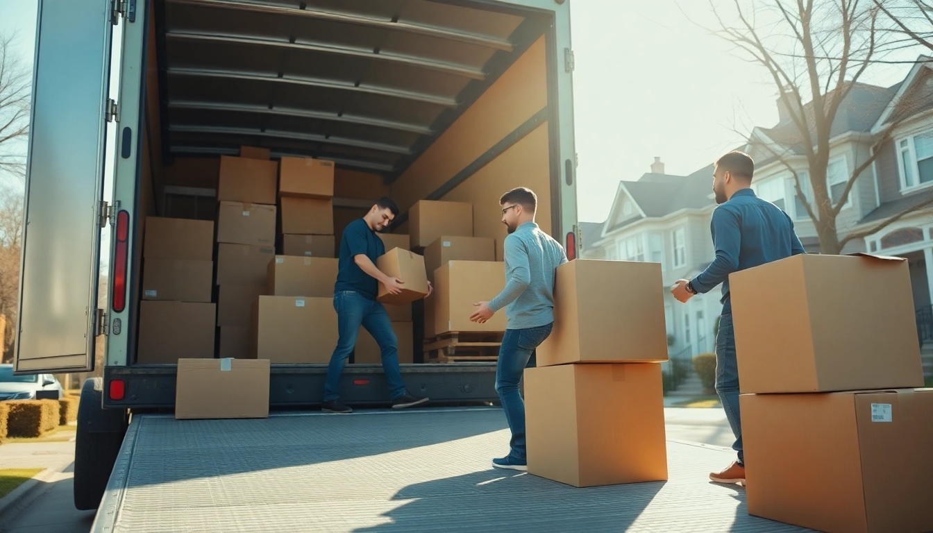 Movers efficiently packing a truck for a moving company Toronto in a sunny neighborhood.