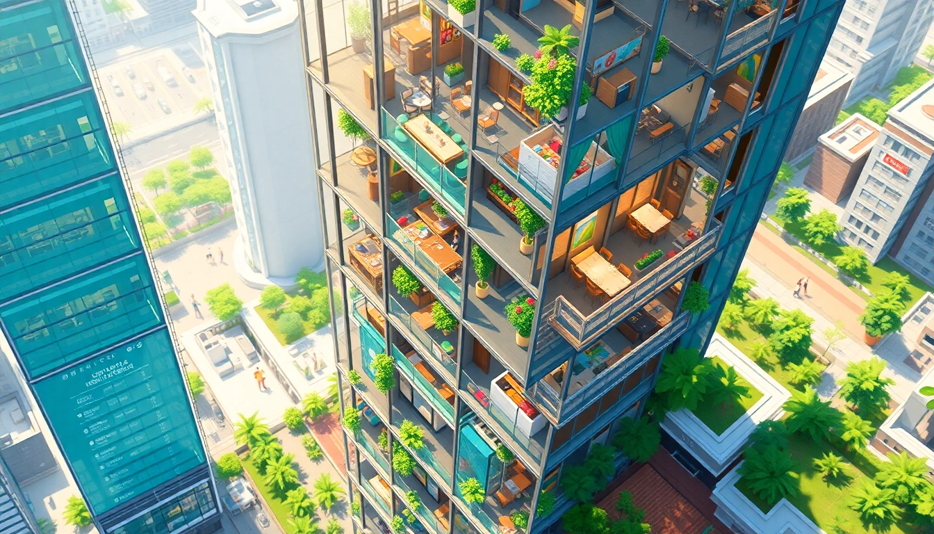 Gameplay scene from sim tower game showcasing a multi-level skyscraper filled with diverse facilities.